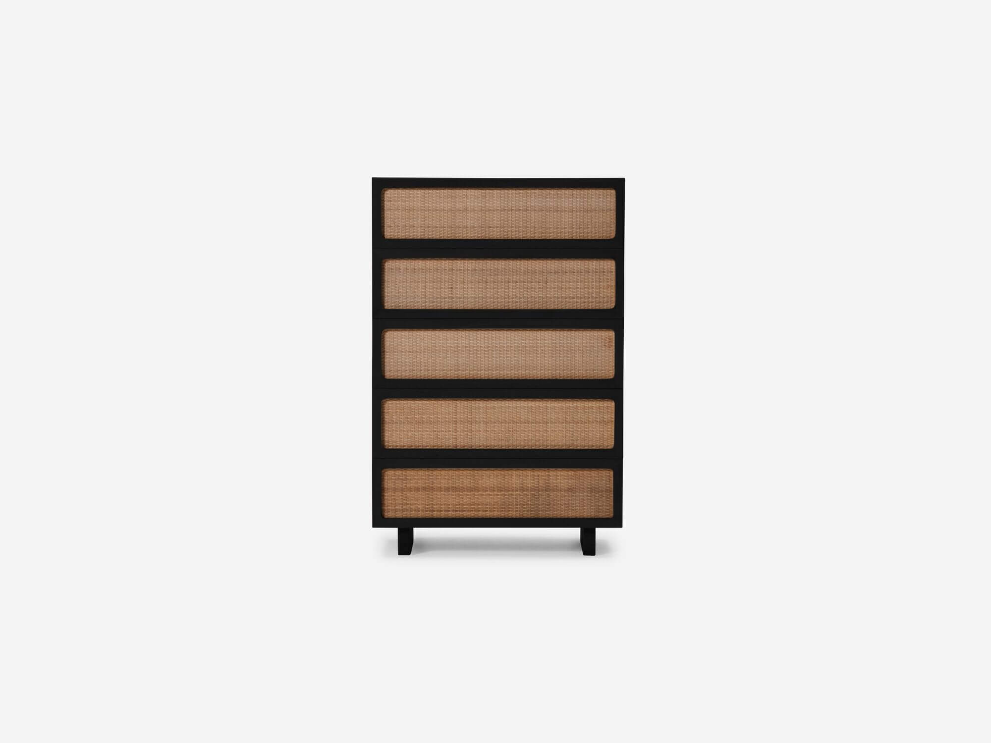 Black oak chest with woven drawer fronts front view